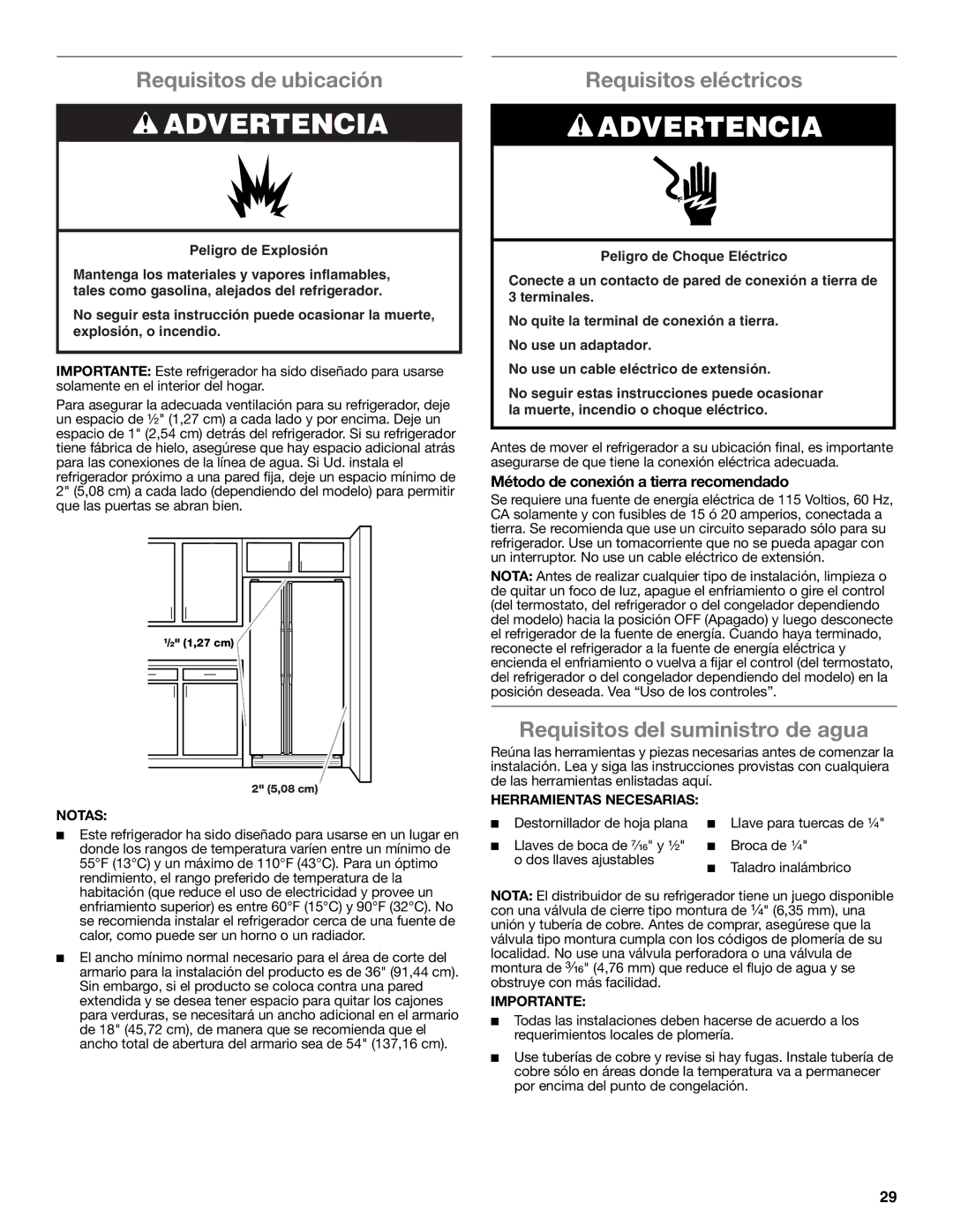 Whirlpool WRS950SIAE Requisitos de ubicación, Requisitos eléctricos, Requisitos del suministro de agua 