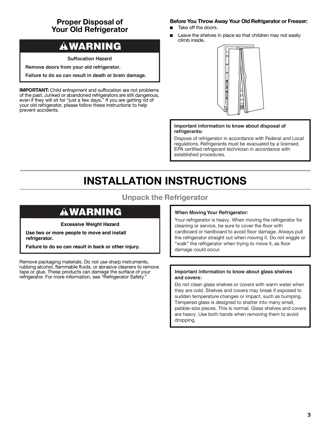 Whirlpool WRS950SIAE installation instructions Installation Instructions, Unpack the Refrigerator 