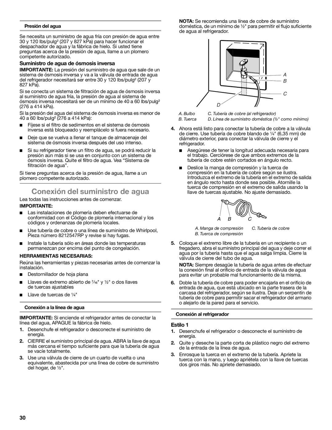 Whirlpool WRS950SIAE Conexión del suministro de agua, Suministro de agua de ósmosis inversa, Estilo 