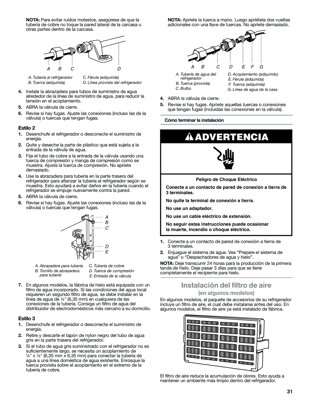 Whirlpool WRS950SIAE installation instructions Instalación del filtro de aire, Cómo terminar la instalación 