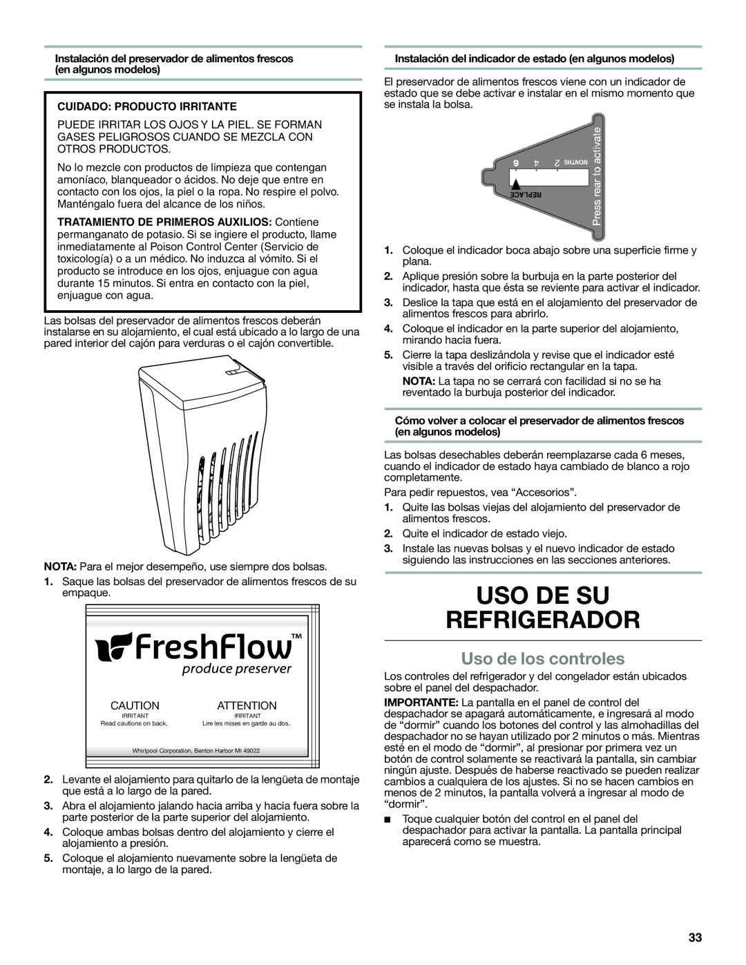 Whirlpool WRS950SIAE USO DE SU Refrigerador, Uso de los controles, Nota Para el mejor desempeño, use siempre dos bolsas 