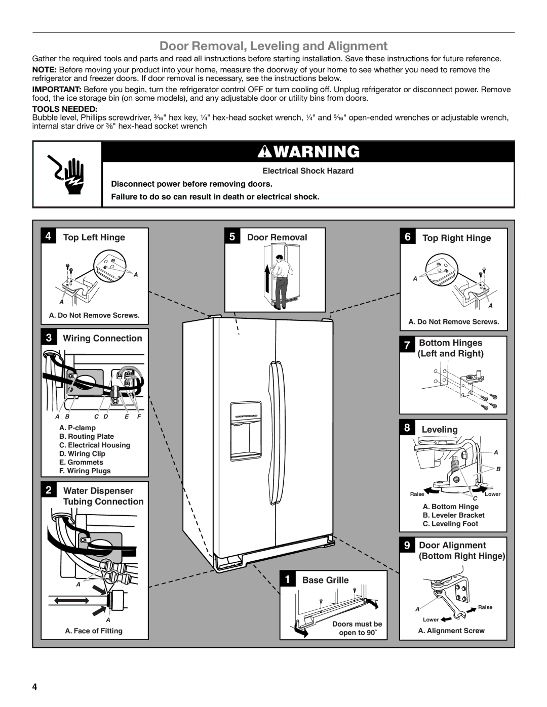 Whirlpool WRS950SIAE installation instructions Door Removal, Leveling and Alignment, Tools Needed 