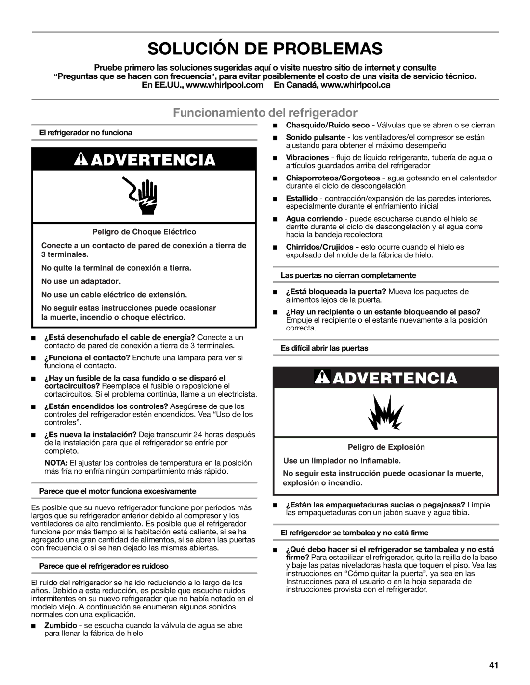 Whirlpool WRS950SIAE Solución DE Problemas, Funcionamiento del refrigerador, El refrigerador no funciona 