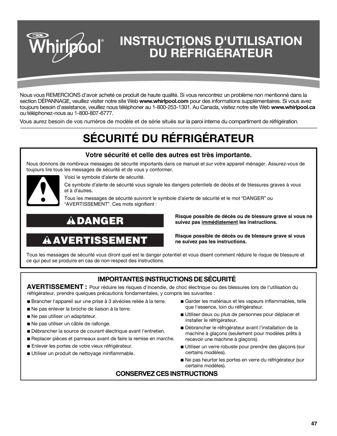 Whirlpool WRS950SIAE installation instructions Instructions Dutilisation DU Réfrigérateur, Sécurité DU Réfrigérateur 