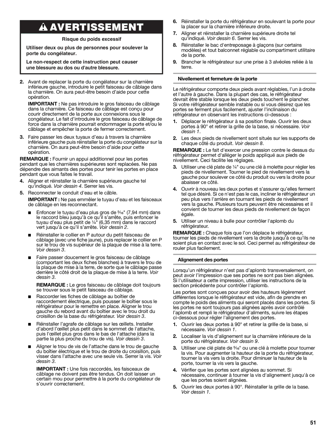 Whirlpool WRS950SIAE installation instructions Nivellement et fermeture de la porte, Alignement des portes 