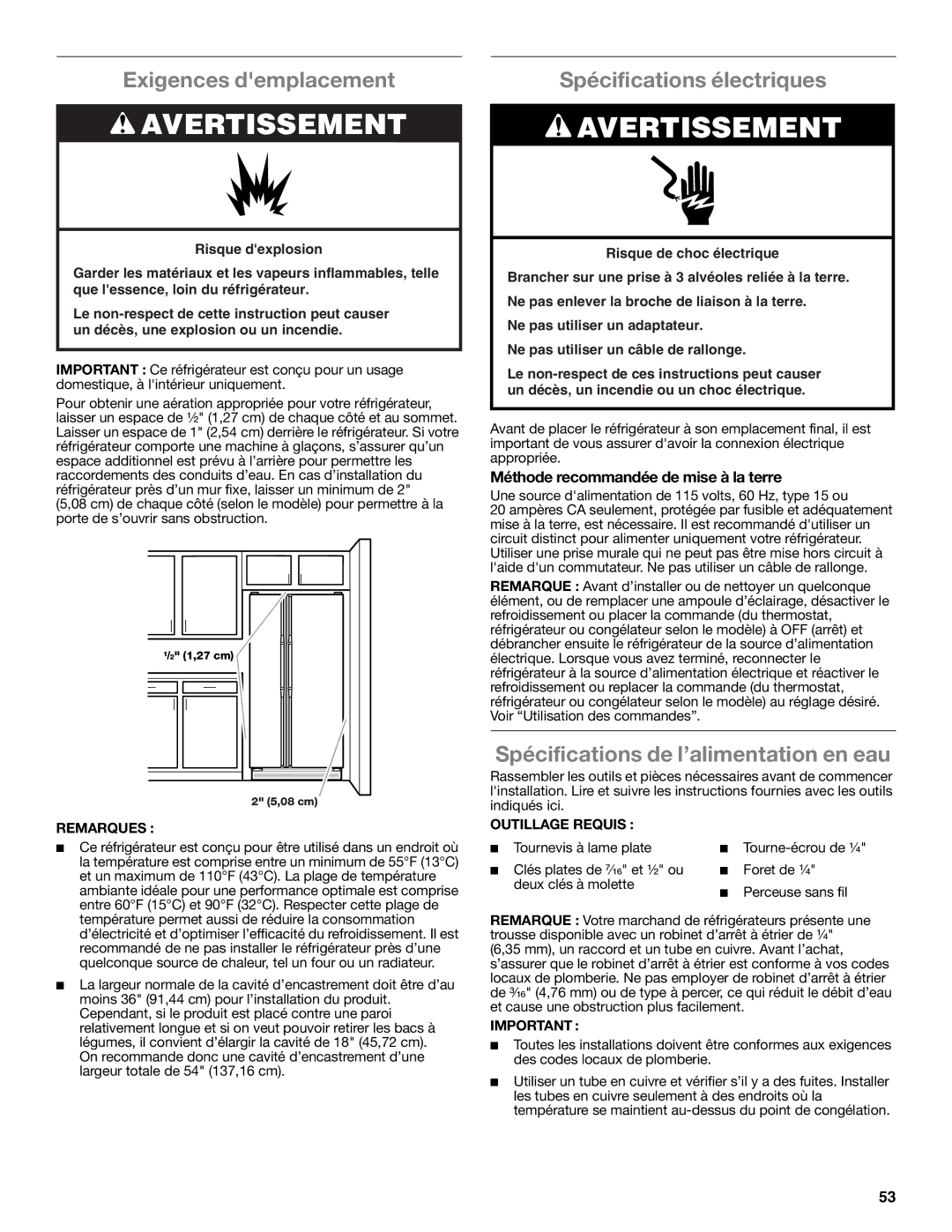 Whirlpool WRS950SIAE Exigences demplacement, Spécifications électriques, Spécifications de l’alimentation en eau 