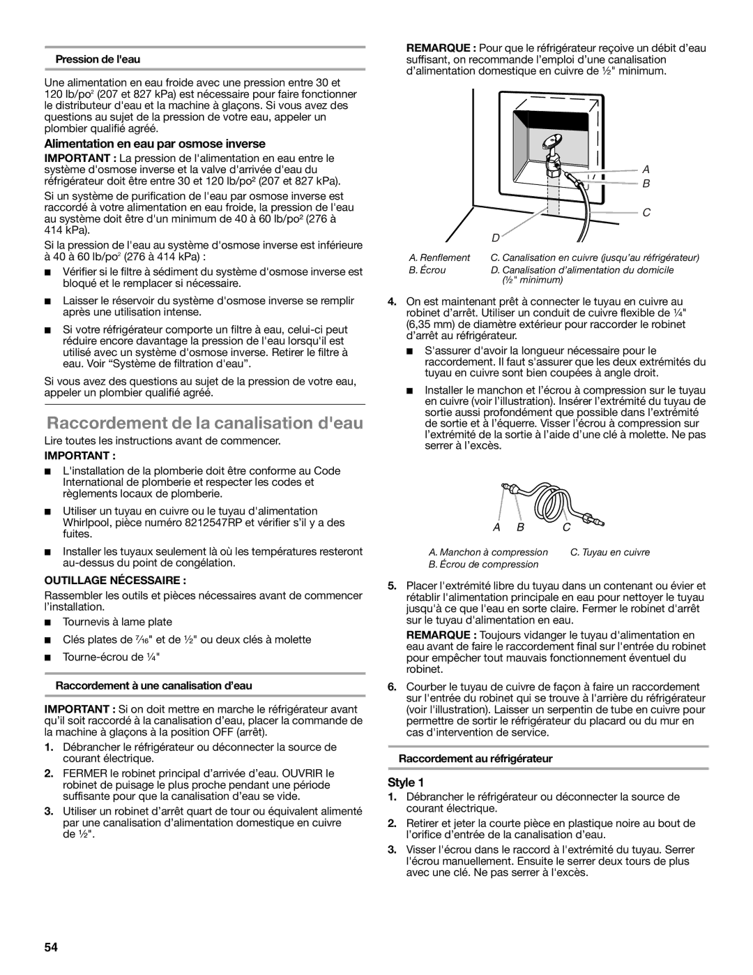 Whirlpool WRS950SIAE Raccordement de la canalisation deau, Alimentation en eau par osmose inverse, Pression de leau 