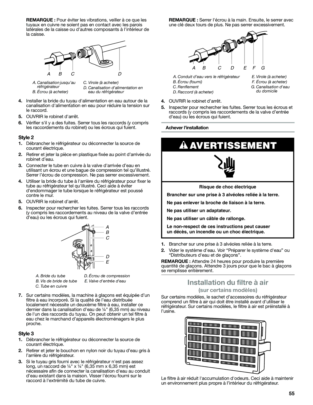 Whirlpool WRS950SIAE installation instructions Installation du filtre à air, Achever l’installation 