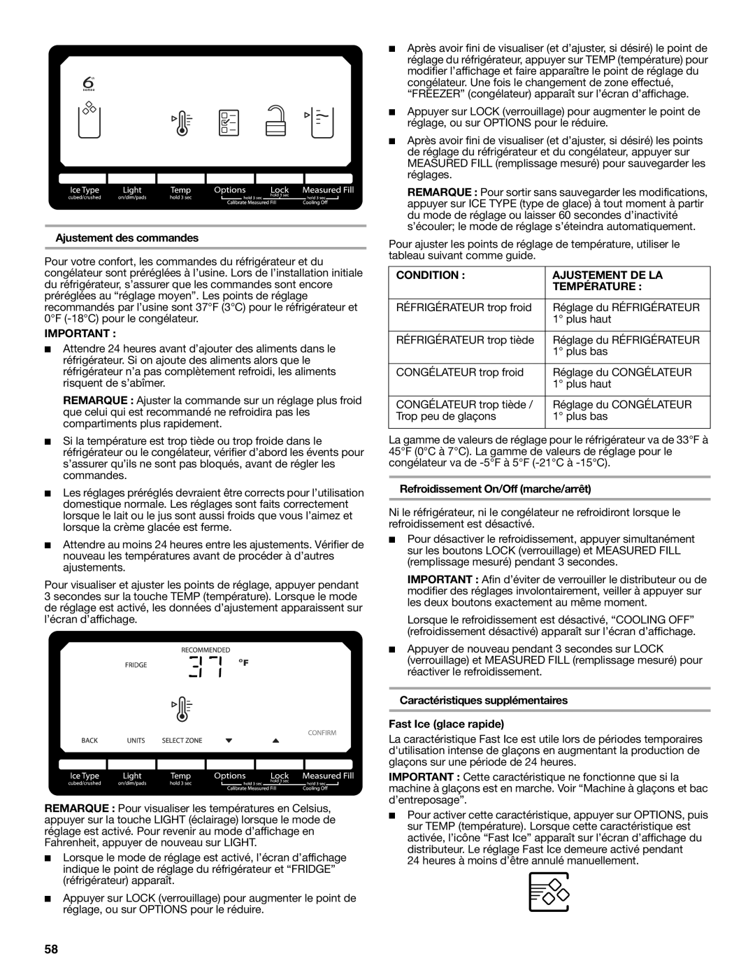 Whirlpool WRS950SIAE Ajustement des commandes, Condition Ajustement DE LA Température, Refroidissement On/Off marche/arrêt 