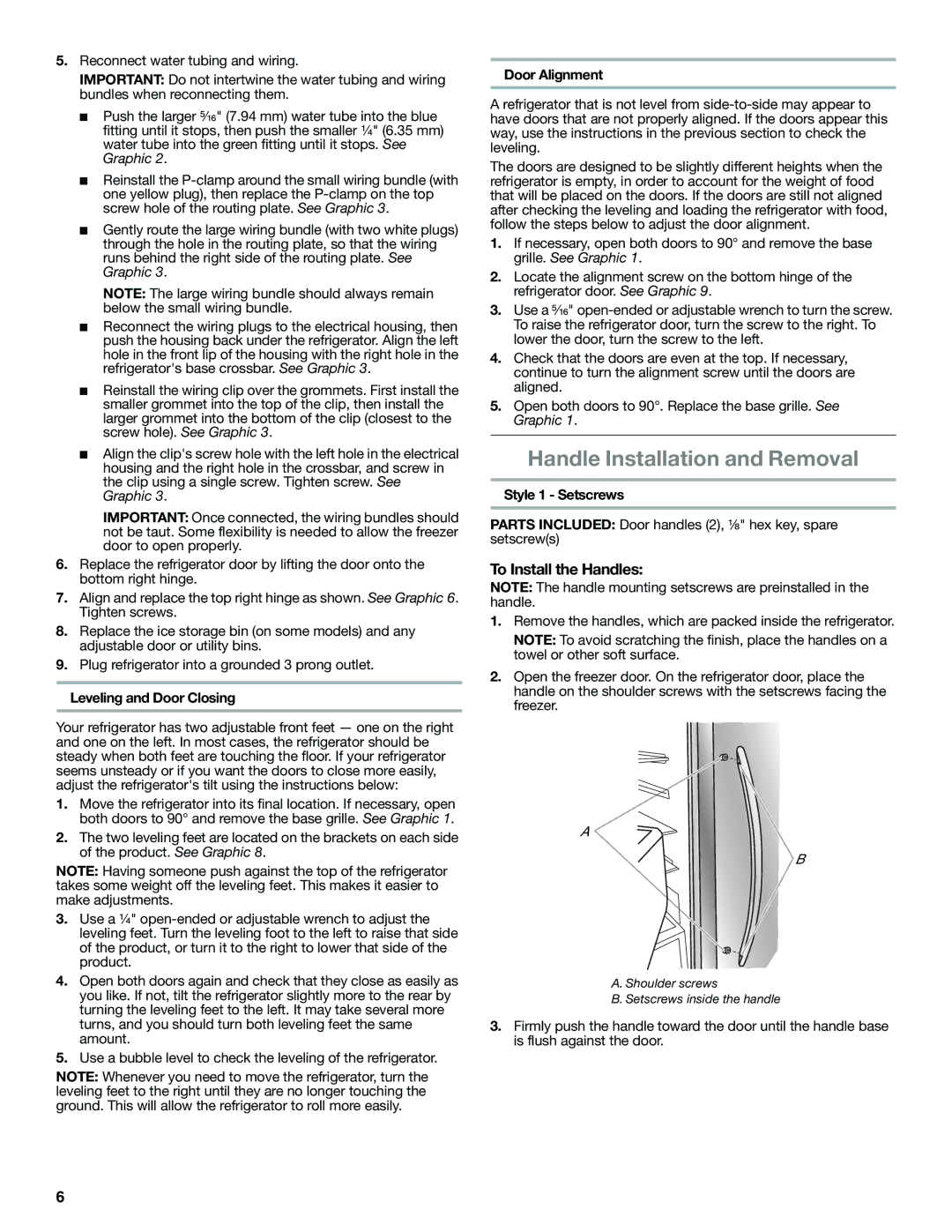 Whirlpool WRS950SIAE Handle Installation and Removal, To Install the Handles, Leveling and Door Closing, Door Alignment 