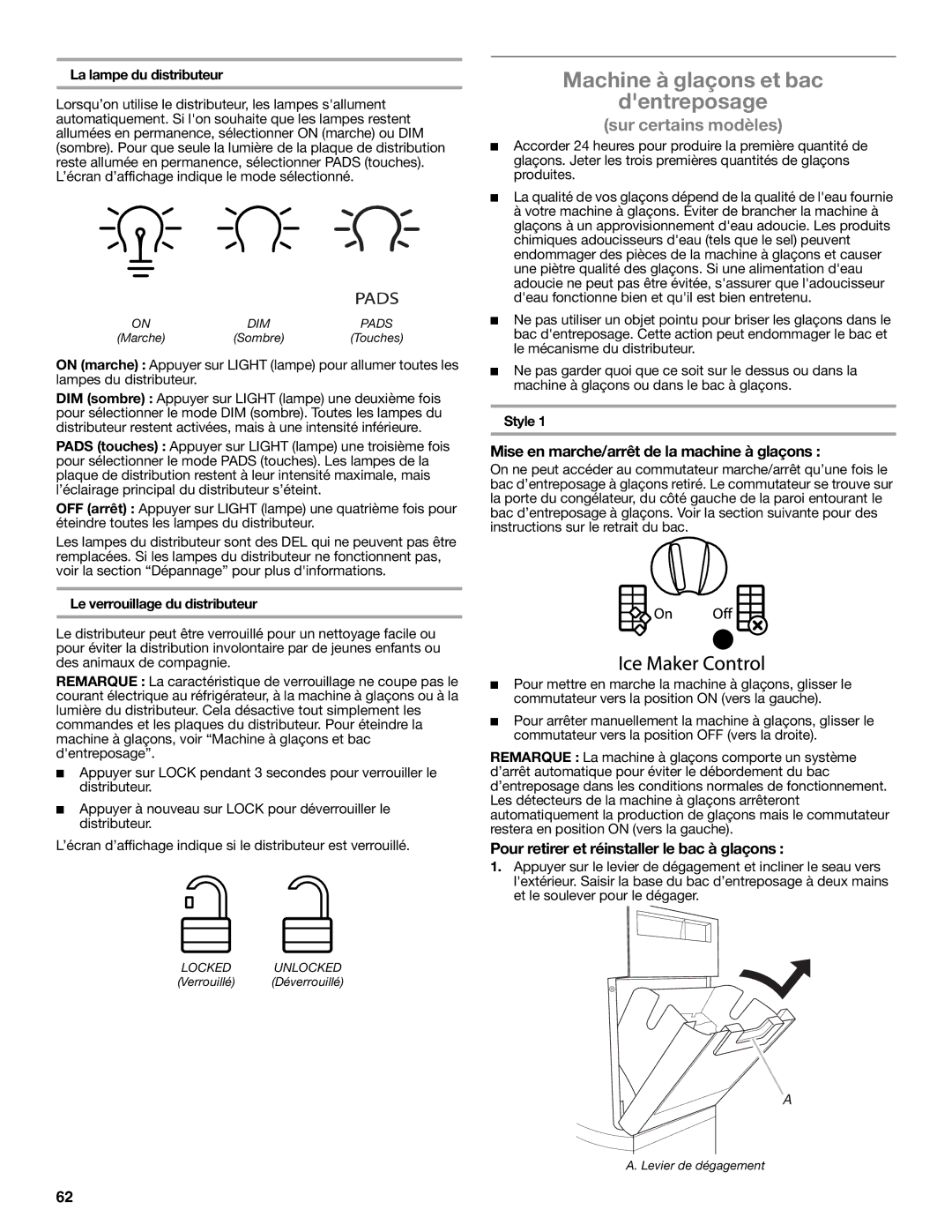 Whirlpool WRS950SIAE Machine à glaçons et bac Dentreposage, Mise en marche/arrêt de la machine à glaçons 