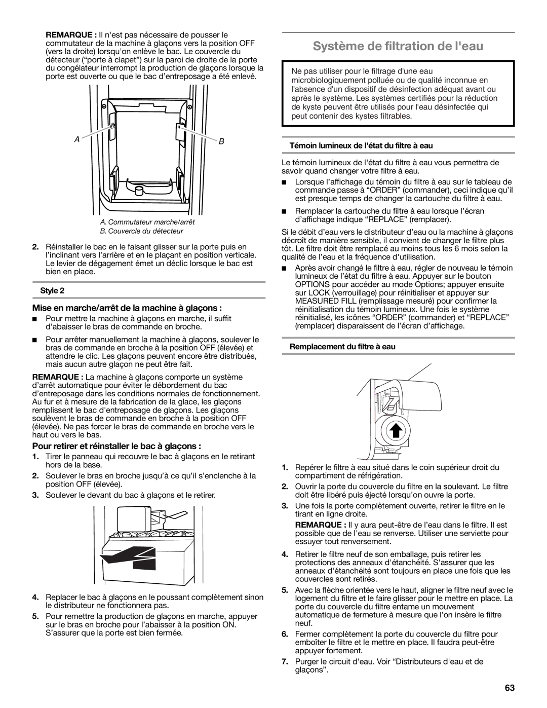 Whirlpool WRS950SIAE Système de filtration de leau, Témoin lumineux de létat du filtre à eau, Remplacement du filtre à eau 