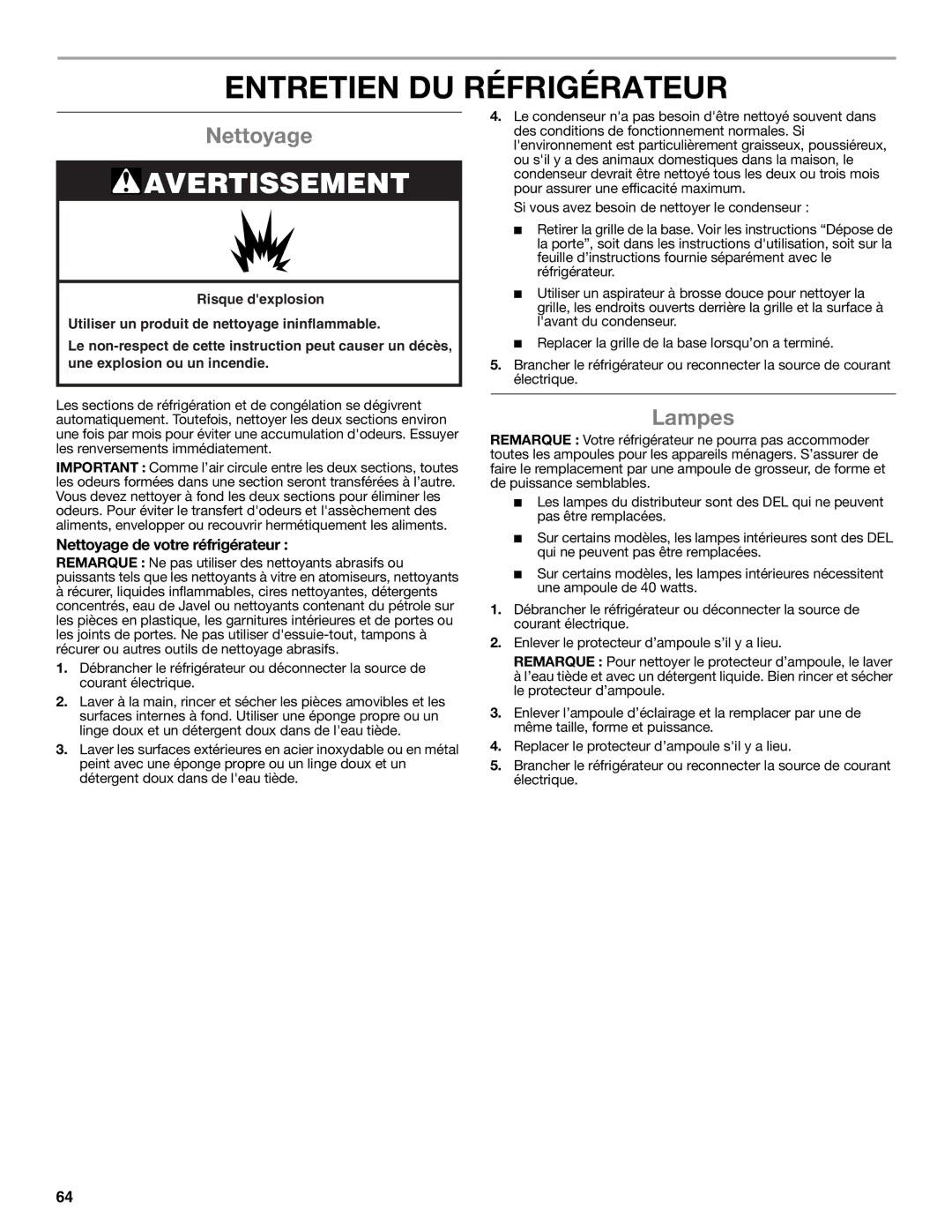 Whirlpool WRS950SIAE installation instructions Entretien DU Réfrigérateur, Lampes, Nettoyage de votre réfrigérateur 