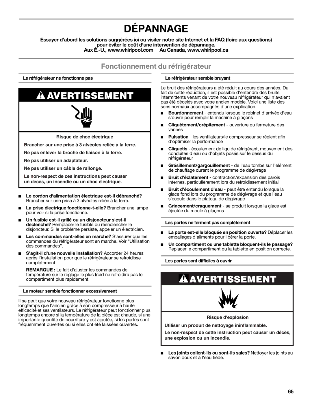 Whirlpool WRS950SIAE installation instructions Dépannage, Fonctionnement du réfrigérateur 