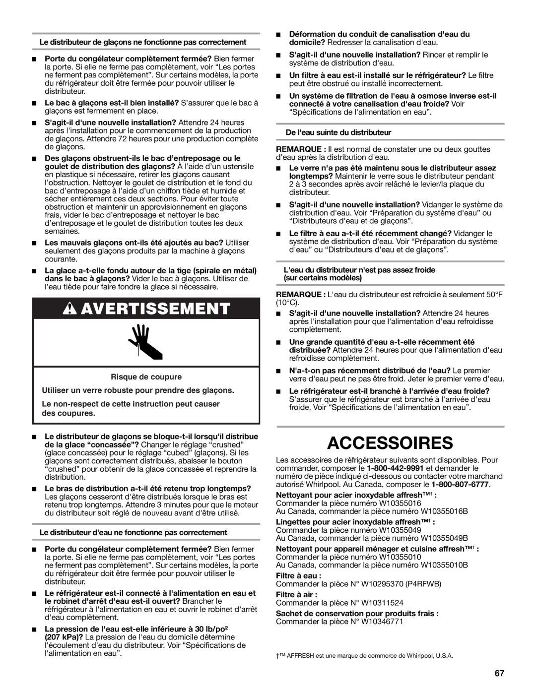 Whirlpool WRS950SIAE installation instructions Accessoires 