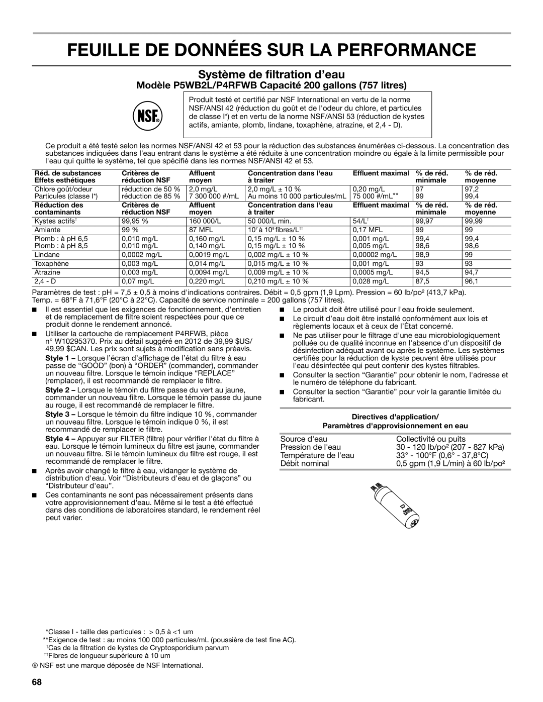 Whirlpool WRS950SIAE installation instructions Feuille DE Données SUR LA Performance, Système de filtration d’eau 