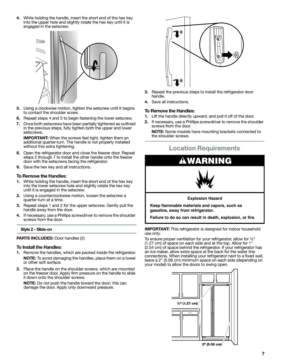 Whirlpool WRS950SIAE Location Requirements, To Remove the Handles, Style 2 Slide-on Parts Included Door handles 