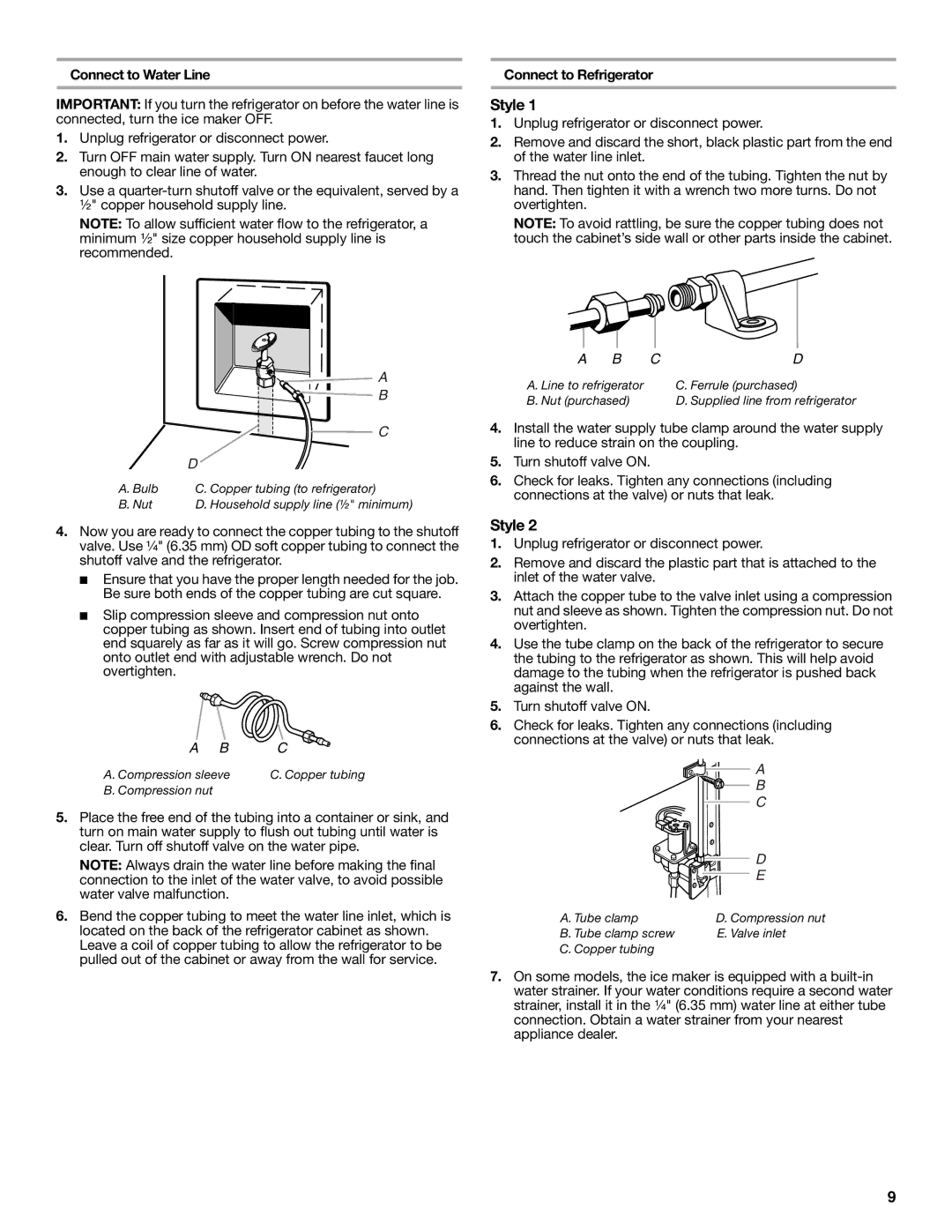 Whirlpool WRS950SIAE installation instructions Style, Connect to Water Line, Connect to Refrigerator 