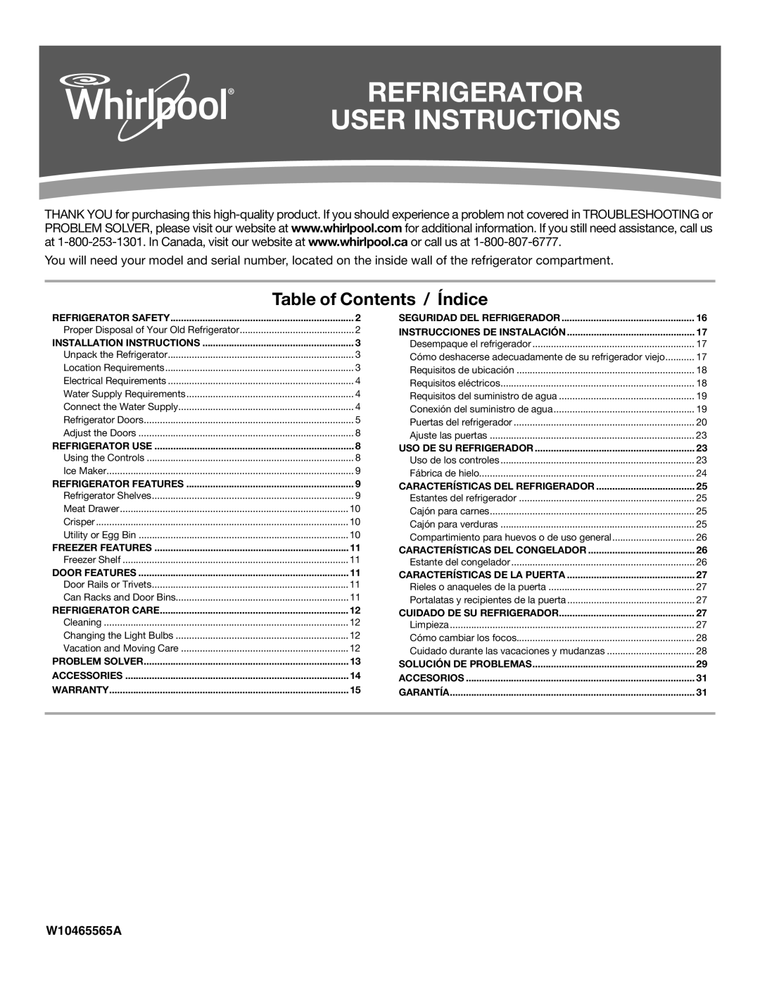 Whirlpool WRT111SFAF installation instructions Refrigerator User Instructions 