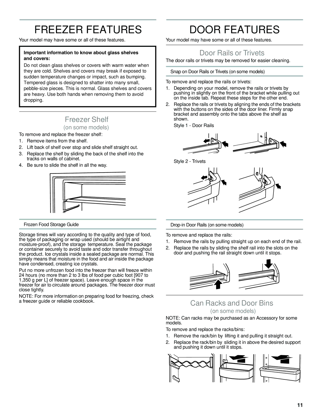 Whirlpool WRT111SFAF Freezer Features, Door Features, Freezer Shelf, Door Rails or Trivets, Can Racks and Door Bins 