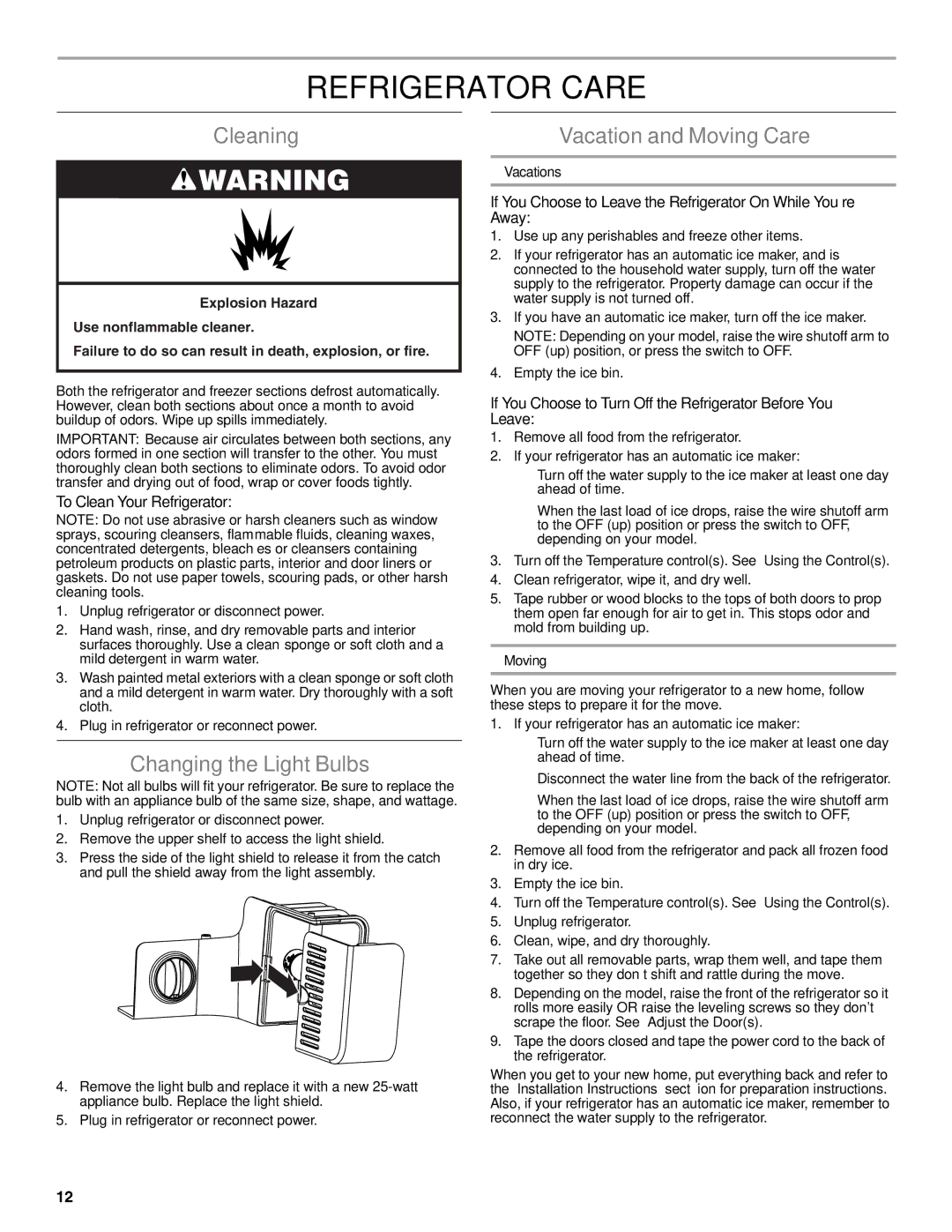 Whirlpool WRT111SFAF Refrigerator Care, Cleaning, Changing the Light Bulbs, Vacation and Moving Care 