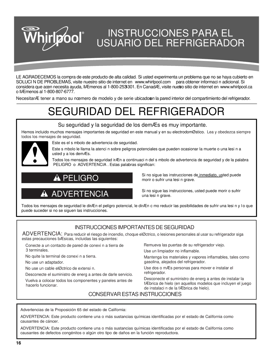 Whirlpool WRT111SFAF installation instructions Seguridad DEL Refrigerador 