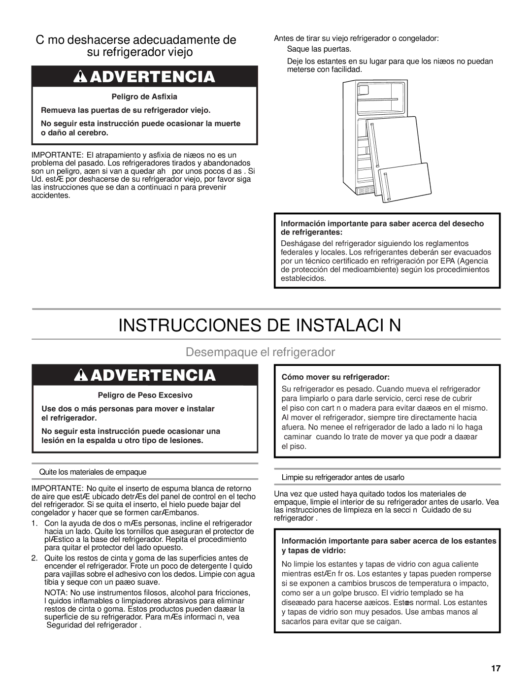 Whirlpool WRT111SFAF Instrucciones DE Instalación, Desempaque el refrigerador, Limpie su refrigerador antes de usarlo 