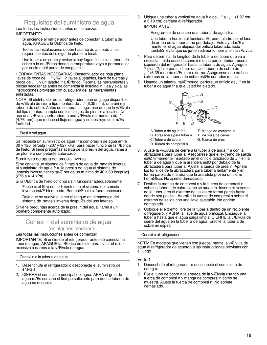 Whirlpool WRT111SFAF Requisitos del suministro de agua, Conexión del suministro de agua, En algunos modelos, Estilo 