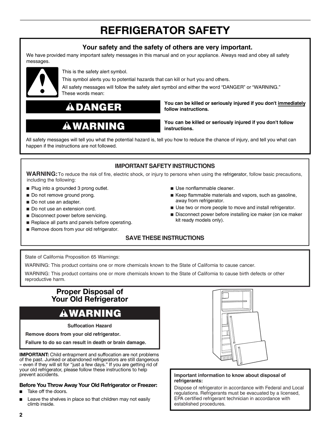 Whirlpool WRT111SFAF installation instructions Refrigerator Safety, Before You Throw Away Your Old Refrigerator or Freezer 