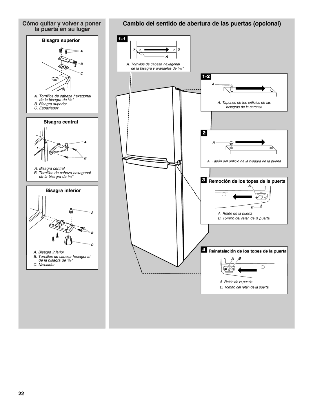 Whirlpool WRT111SFAF installation instructions Cambio del sentido de abertura de las puertas opcional 