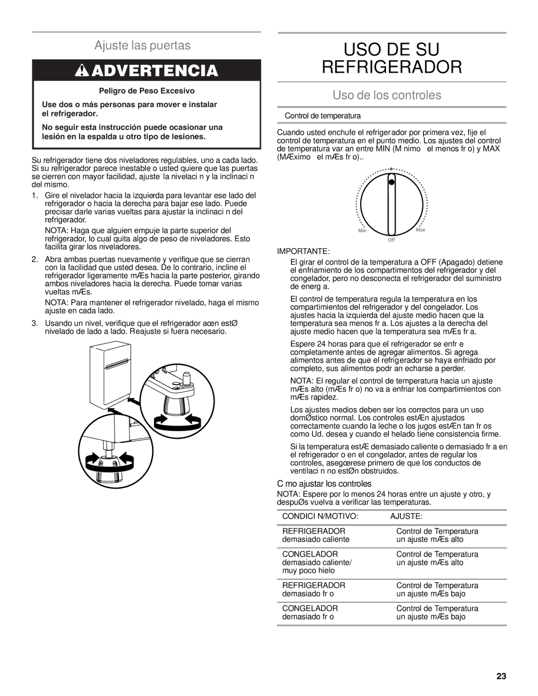 Whirlpool WRT111SFAF USO DE SU Refrigerador, Ajuste las puertas, Uso de los controles, Cómo ajustar los controles 