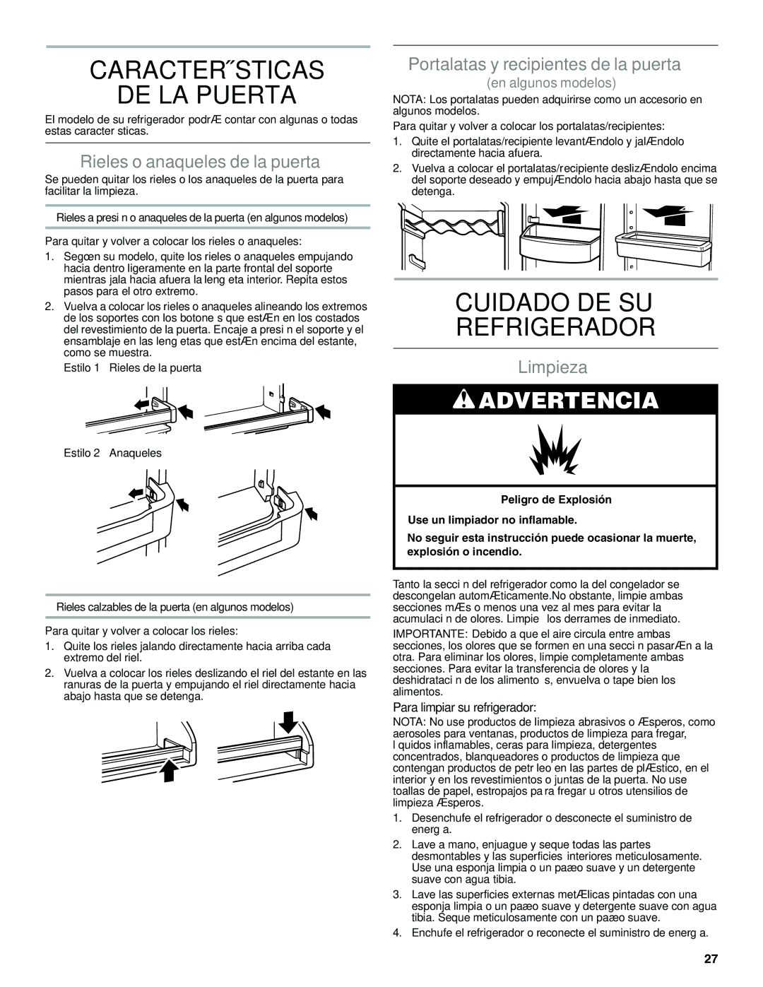 Whirlpool WRT111SFAF Características DE LA Puerta, Cuidado DE SU Refrigerador, Rieles o anaqueles de la puerta, Limpieza 