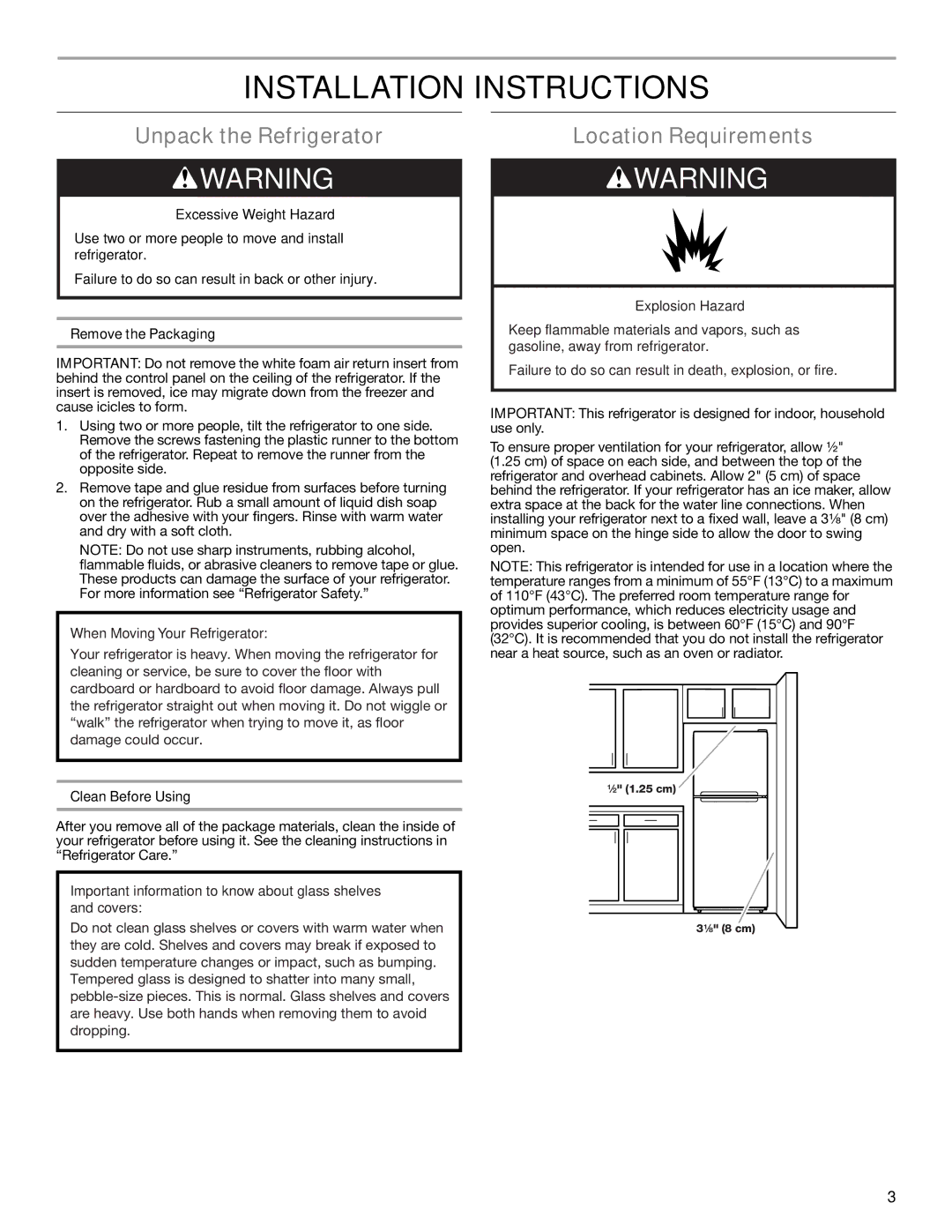 Whirlpool WRT111SFAF Installation Instructions, Unpack the Refrigerator, Location Requirements, Clean Before Using 