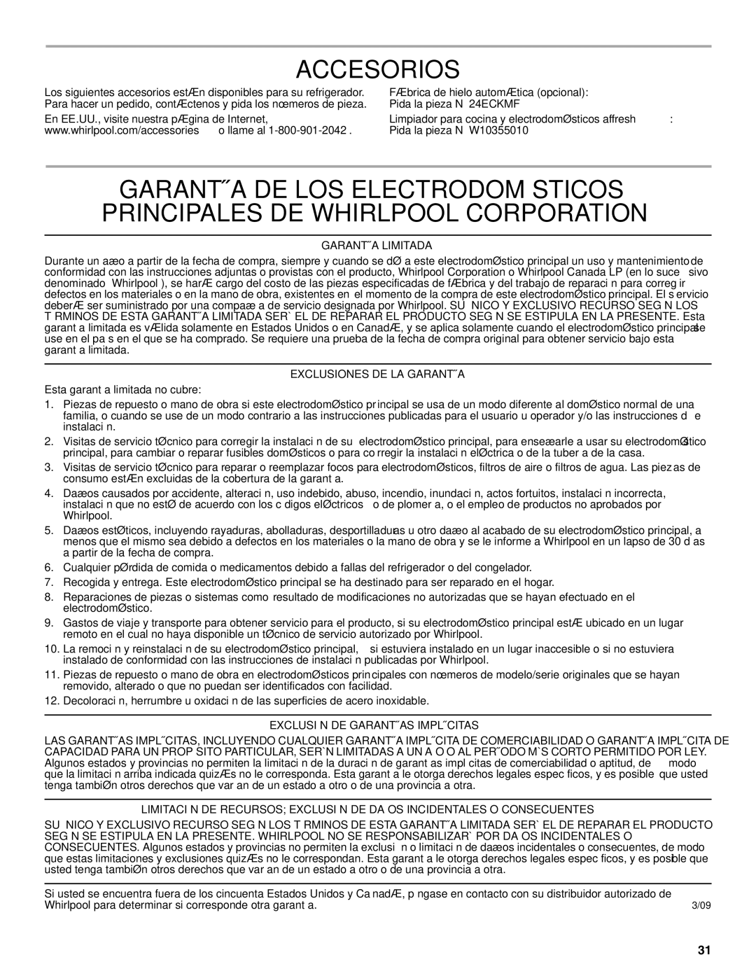 Whirlpool WRT111SFAF Accesorios, Garantía Limitada, Exclusiones DE LA Garantía, Exclusión DE Garantías Implícitas 