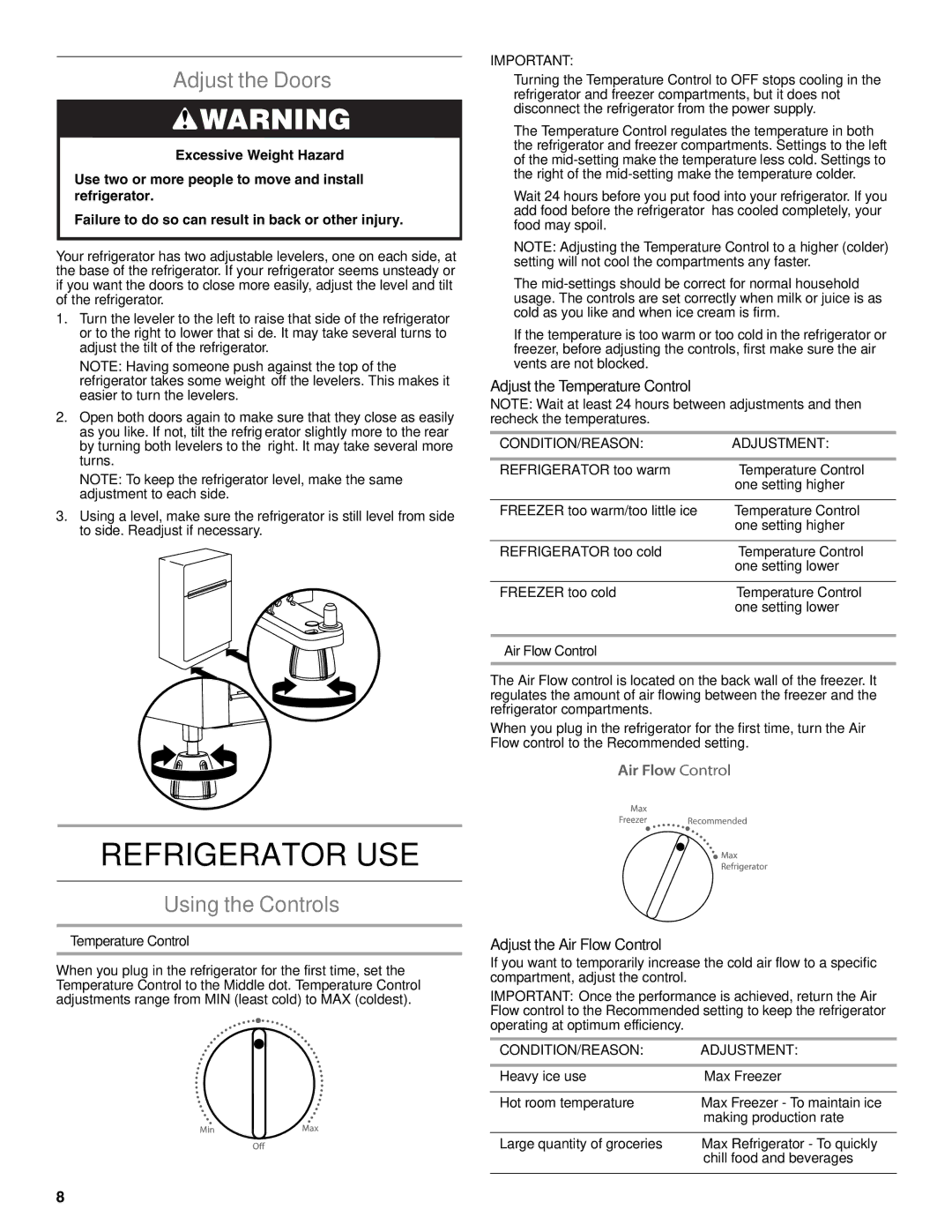 Whirlpool WRT111SFAF Refrigerator USE, Adjust the Doors, Using the Controls, Adjust the Temperature Control 