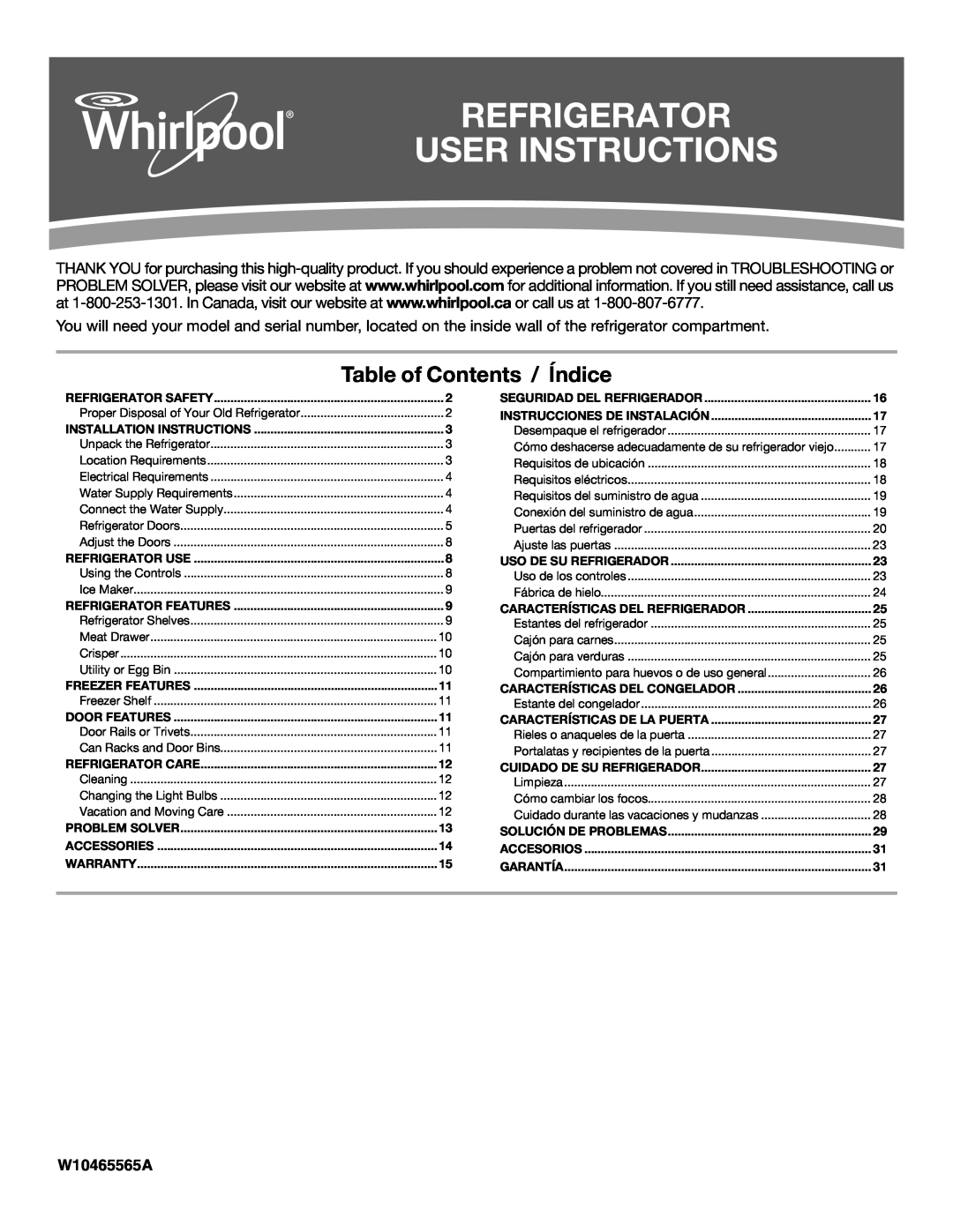 Whirlpool WRT111SFAF installation instructions Refrigerator User Instructions, Table of Contents / Índice, W10465565A 