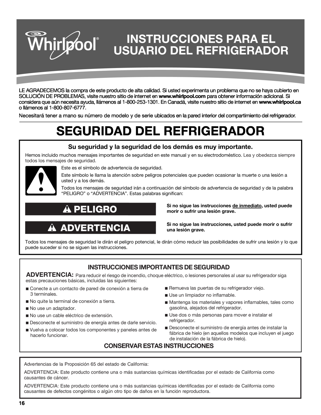 Whirlpool WRT111SFAF Instrucciones Para El Usuario Del Refrigerador, Seguridad Del Refrigerador, Peligro Advertencia 
