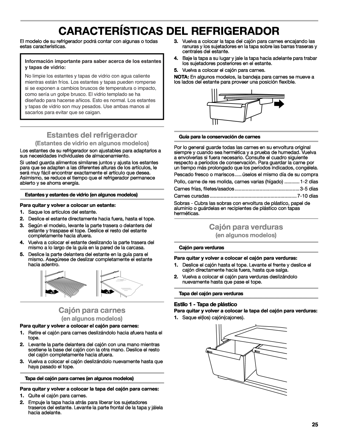 Whirlpool WRT111SFAF Características Del Refrigerador, Estantes del refrigerador, Cajón para carnes, Cajón para verduras 