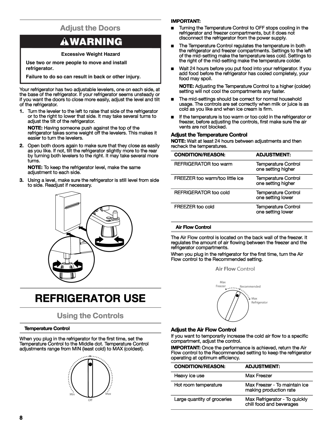Whirlpool WRT111SFAF Refrigerator Use, Adjust the Doors, Using the Controls, Adjust the Temperature Control, Adjustment 