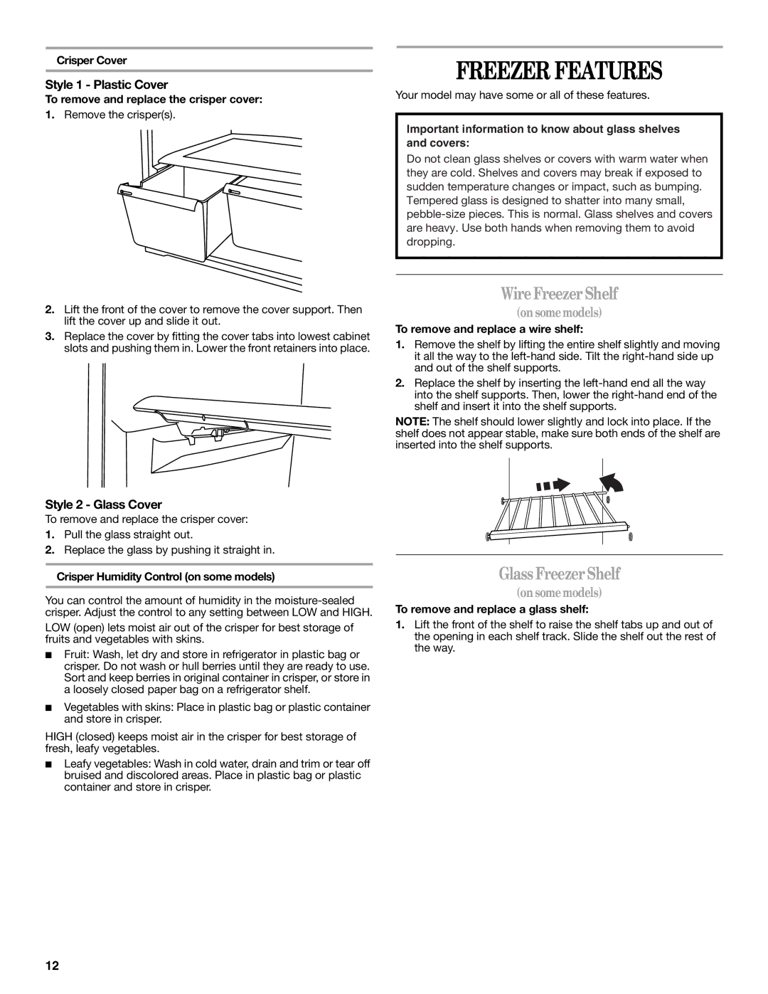 Whirlpool WRT138TFYB Freezer Features, Wire Freezer Shelf, Glass Freezer Shelf, Style 1 Plastic Cover, Style 2 Glass Cover 