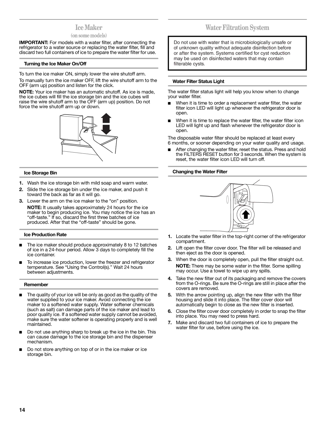 Whirlpool WRT138TFYB, WRT138TFYW installation instructions Ice Maker, Water Filtration System 