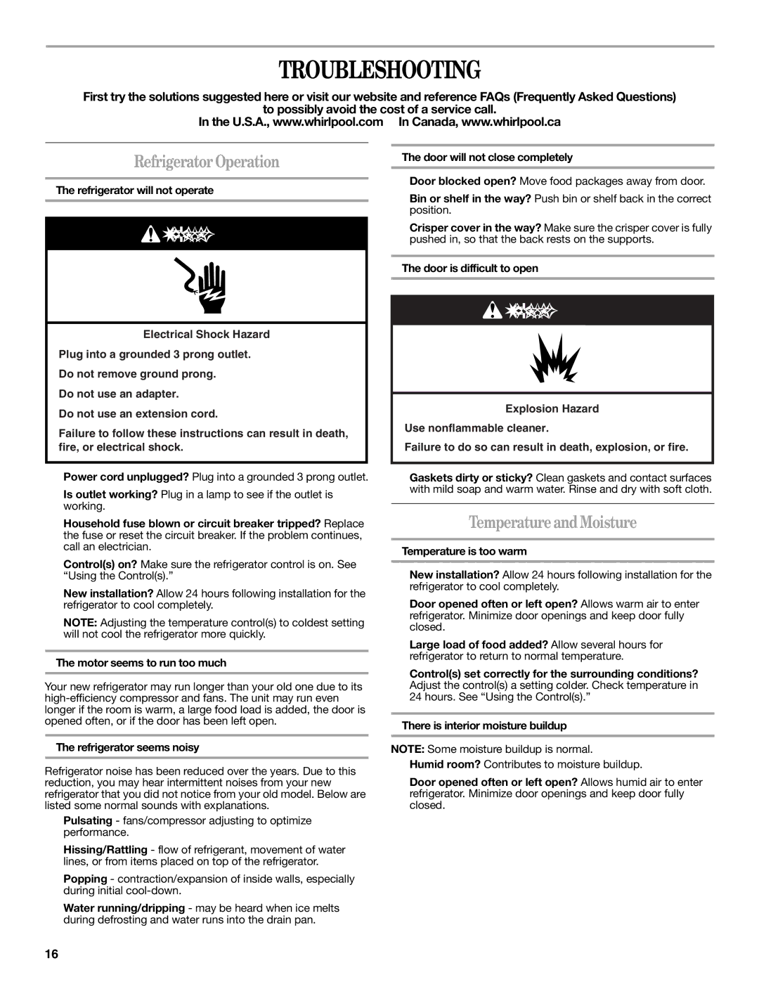 Whirlpool WRT138TFYB, WRT138TFYW installation instructions Troubleshooting, Refrigerator Operation, Temperature and Moisture 