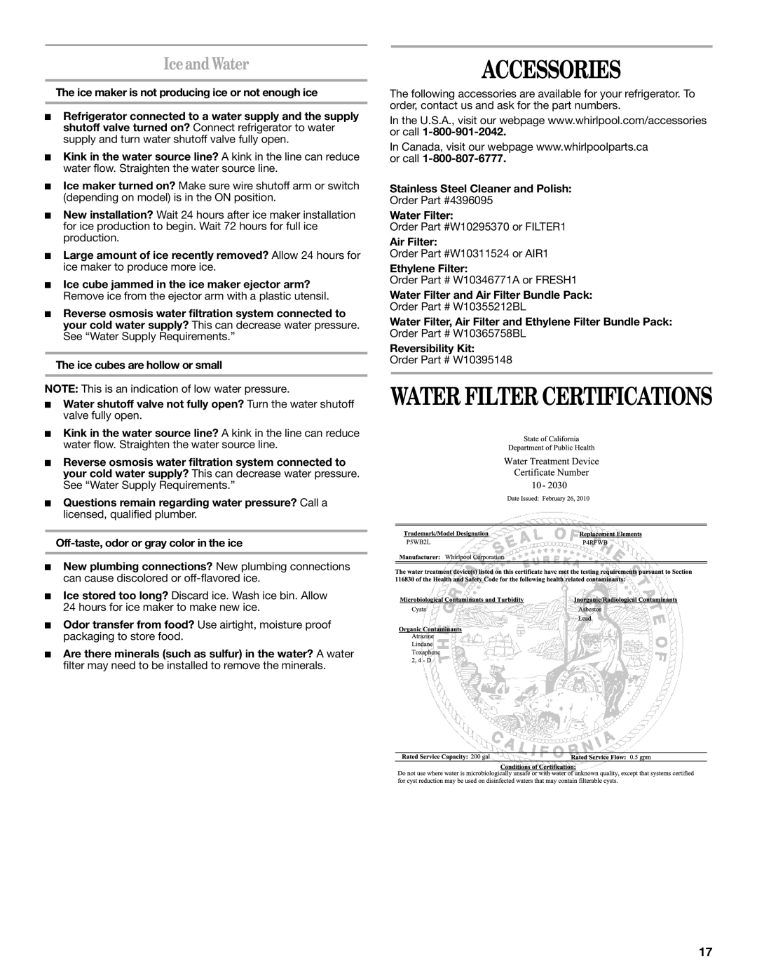 Whirlpool WRT138TFYW, WRT138TFYB installation instructions Accessories, Iceand Water 