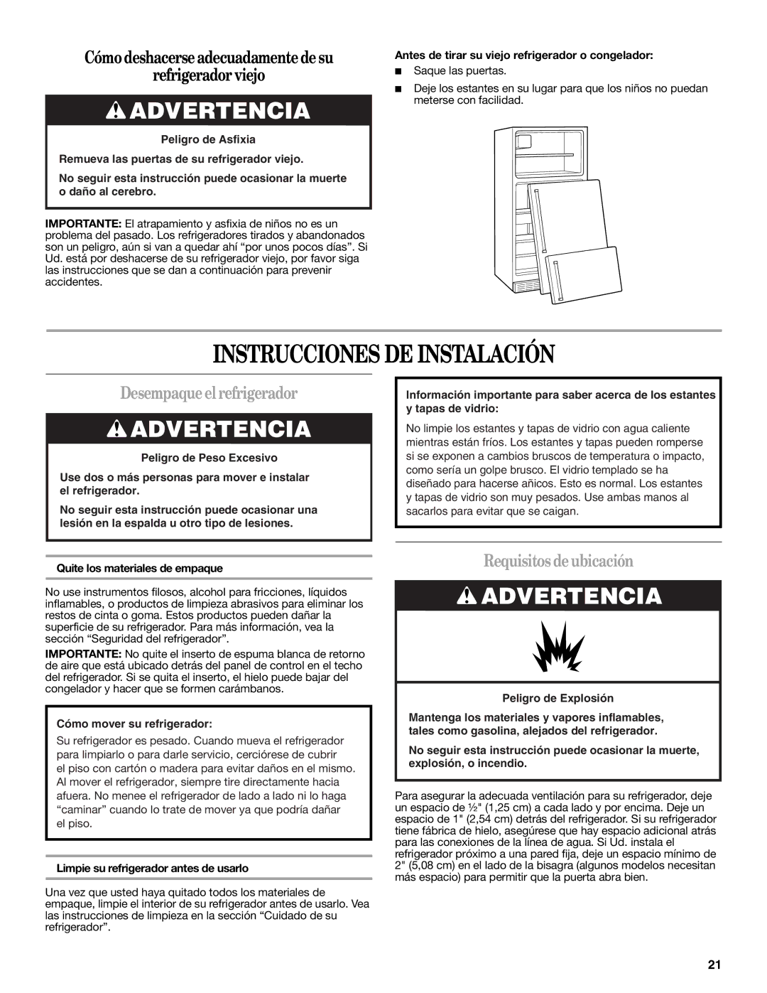 Whirlpool WRT138TFYW, WRT138TFYB Instrucciones DE Instalación, Desempaque el refrigerador, Requisitos de ubicación 