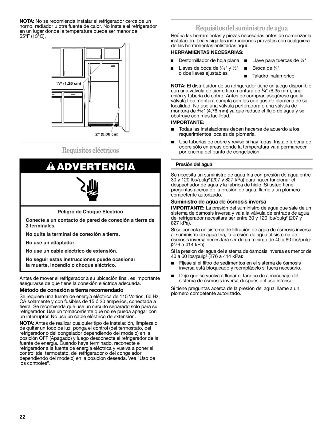 Whirlpool WRT138TFYB Requisitos eléctricos, Requisitos del suministro de agua, Método de conexión a tierra recomendado 