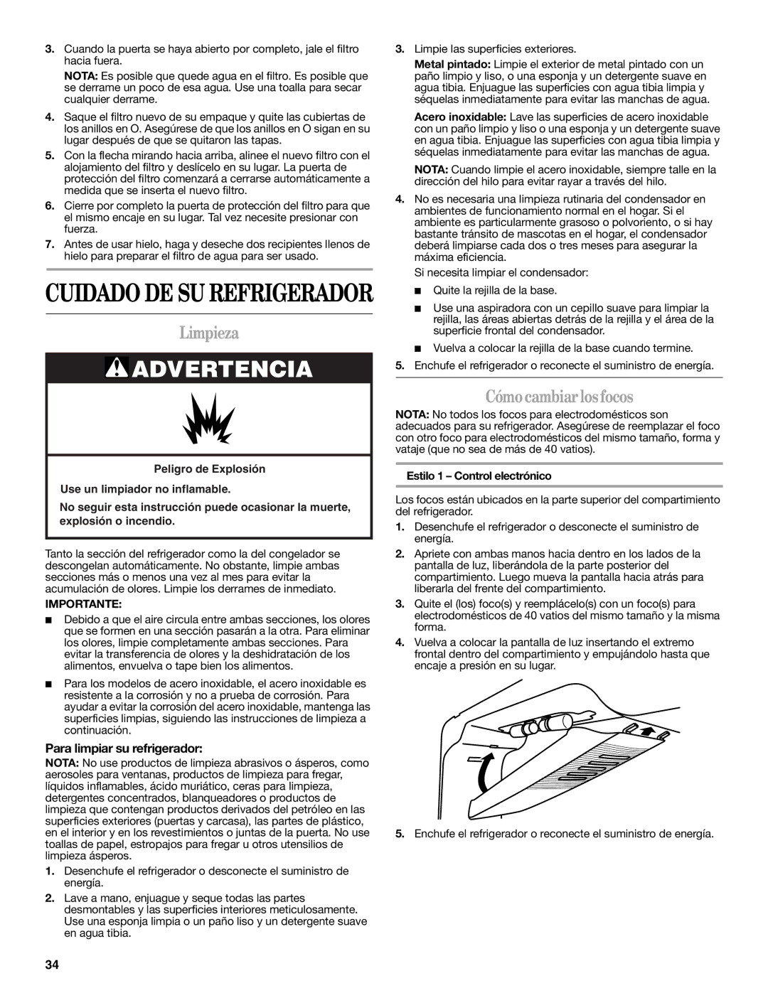 Whirlpool WRT138TFYB Limpieza, Cómo cambiar los focos, Para limpiar su refrigerador, Estilo 1 Control electrónico 