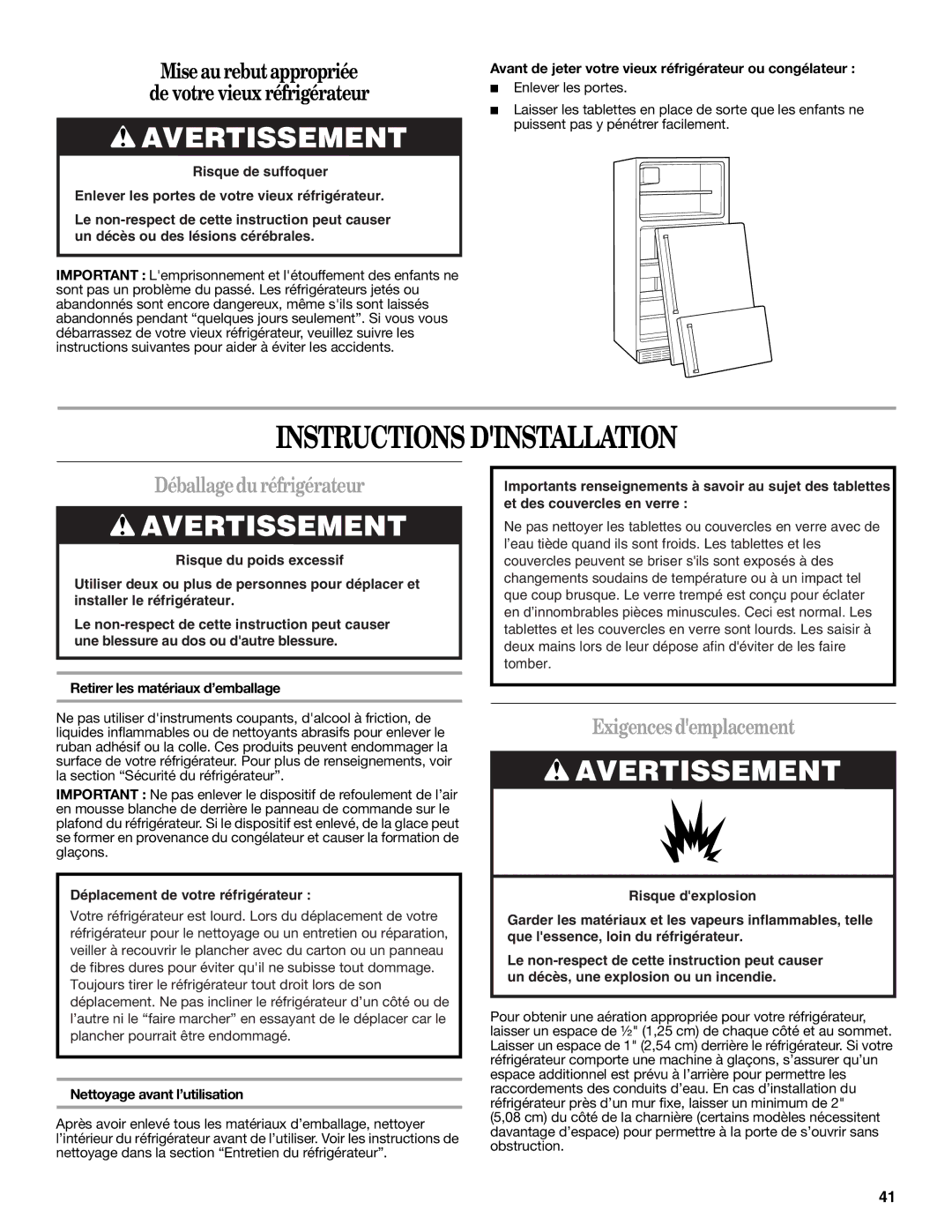 Whirlpool WRT138TFYW, WRT138TFYB Instructions Dinstallation, Déballagedu réfrigérateur, Exigences demplacement 