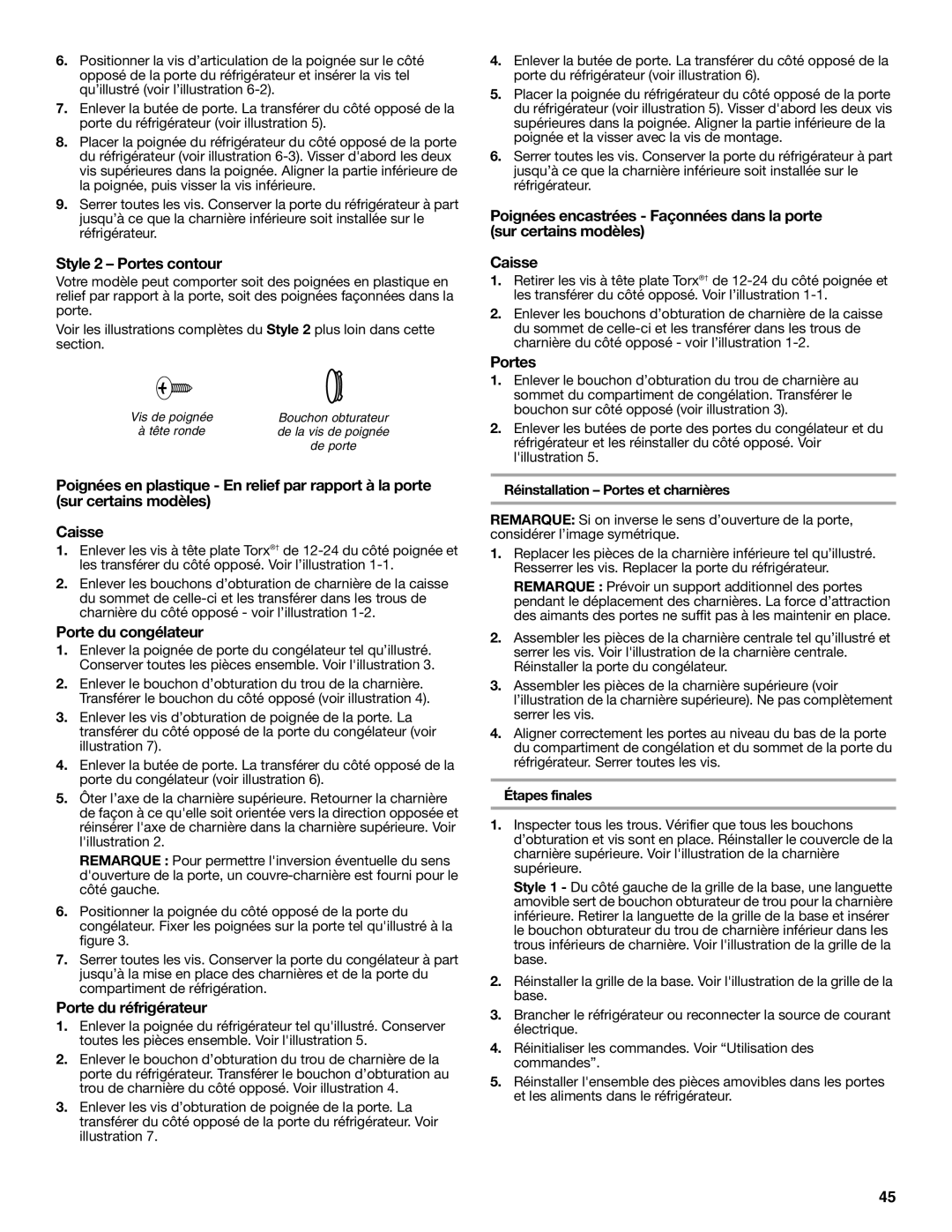 Whirlpool WRT138TFYW, WRT138TFYB Style 2 Portes contour, Réinstallation Portes et charnières, Étapes finales 