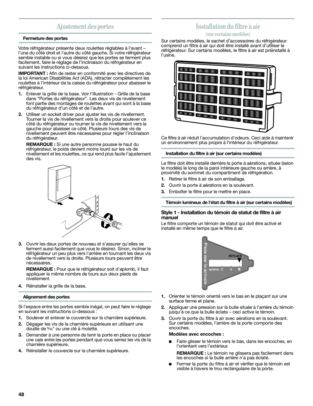 Whirlpool WRT138TFYB, WRT138TFYW installation instructions Ajustement desportes, Installationdu filtre à air 