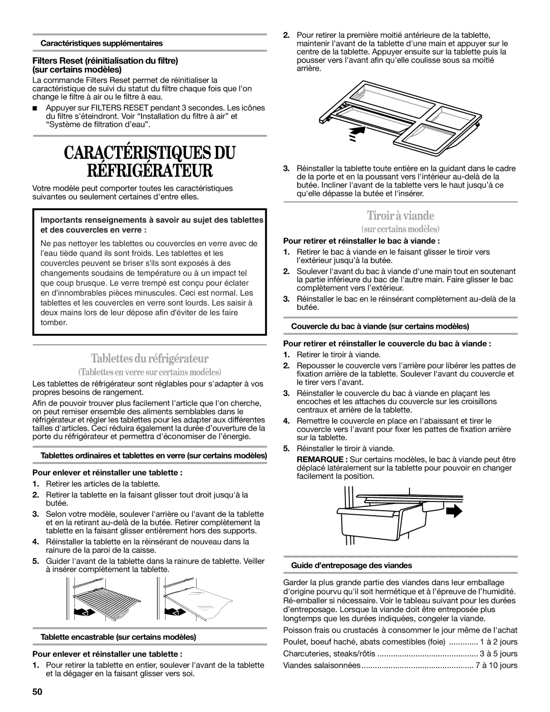 Whirlpool WRT138TFYB, WRT138TFYW installation instructions Réfrigérateur, Tablettes du réfrigérateur, Tiroir à viande 